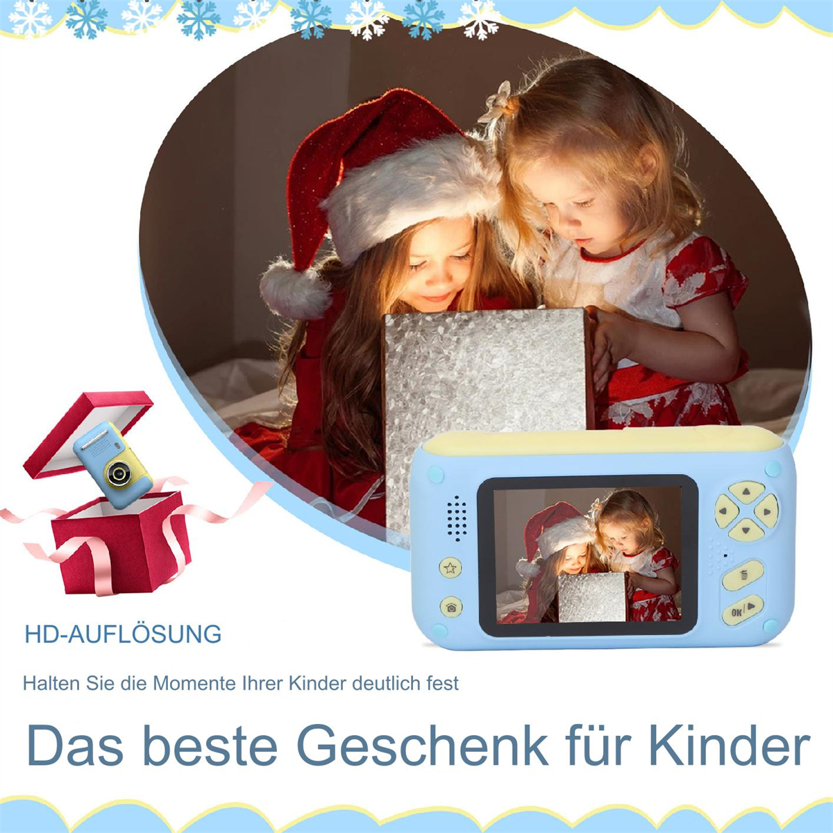 Zwei Kinder betrachten ein Geschenk auf einer blauen Kamera. Text sagt: „Bestes Geschenk für Kinder“. Weihnachtsmützen.