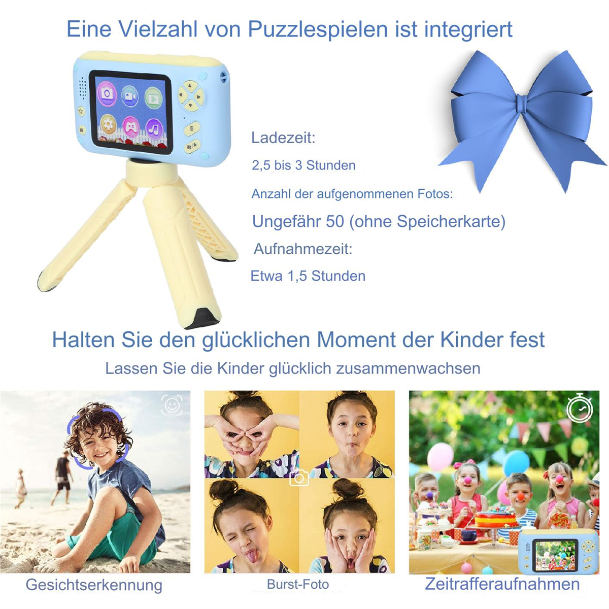 Eine blaue Kinderkamera, ein Stativ und eine blaue Schleife. Bilder von Kindern werden ebenfalls gezeigt. Weißer Hintergrund.