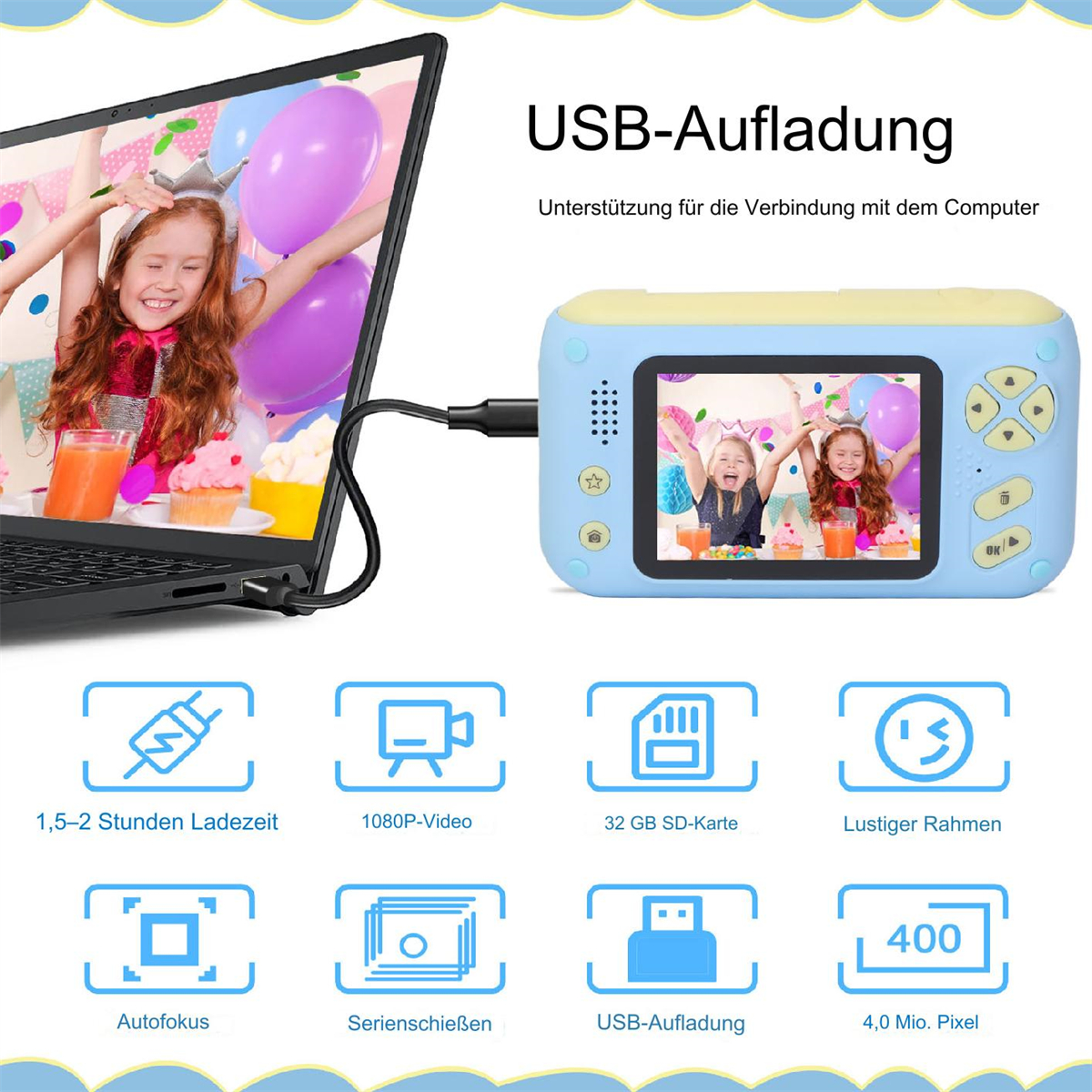 Blaue Kinderkamera neben einem Laptop, zeigt Bilder und Symbole.
