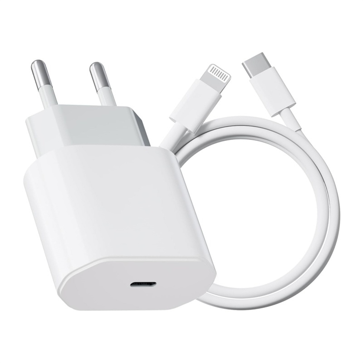 Ein weißes Ladegerät und zwei weiße Kabel. Ein Kabel hat einen Lightning-Anschluss, das andere einen USB-C-Anschluss.