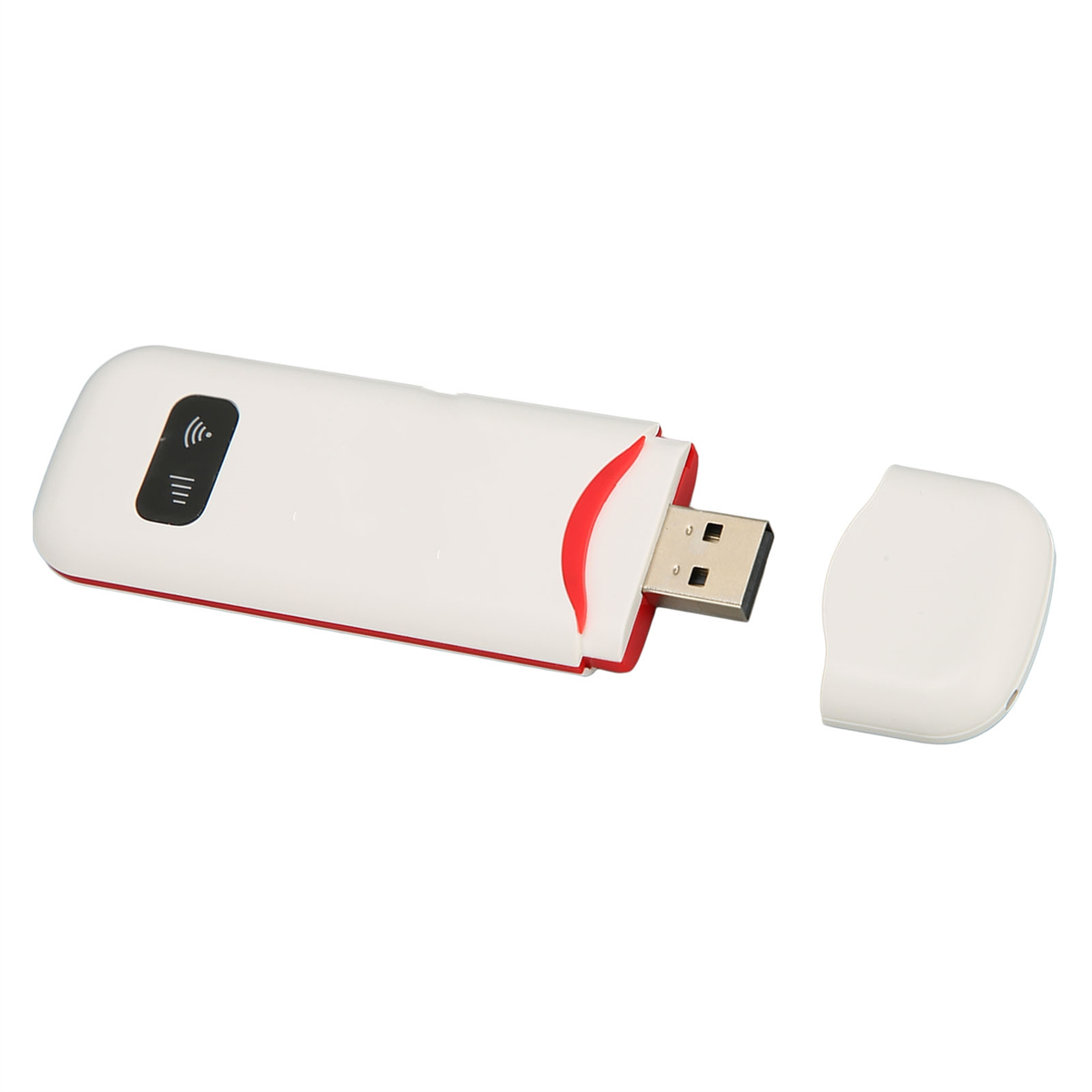 Ein weiß-roter USB-WLAN-Adapter. Der USB-Kopf ist freigelegt. Die Kappe liegt daneben.