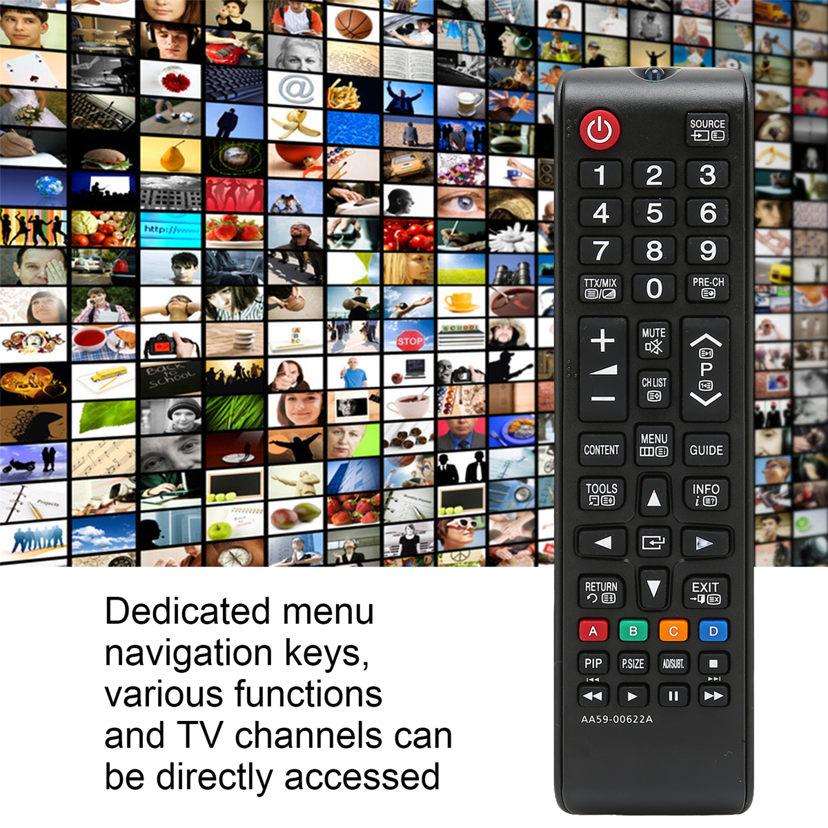 Eine TV-Fernbedienung mit vielen Knöpfen und einem Hintergrund mit vielen Bildern.