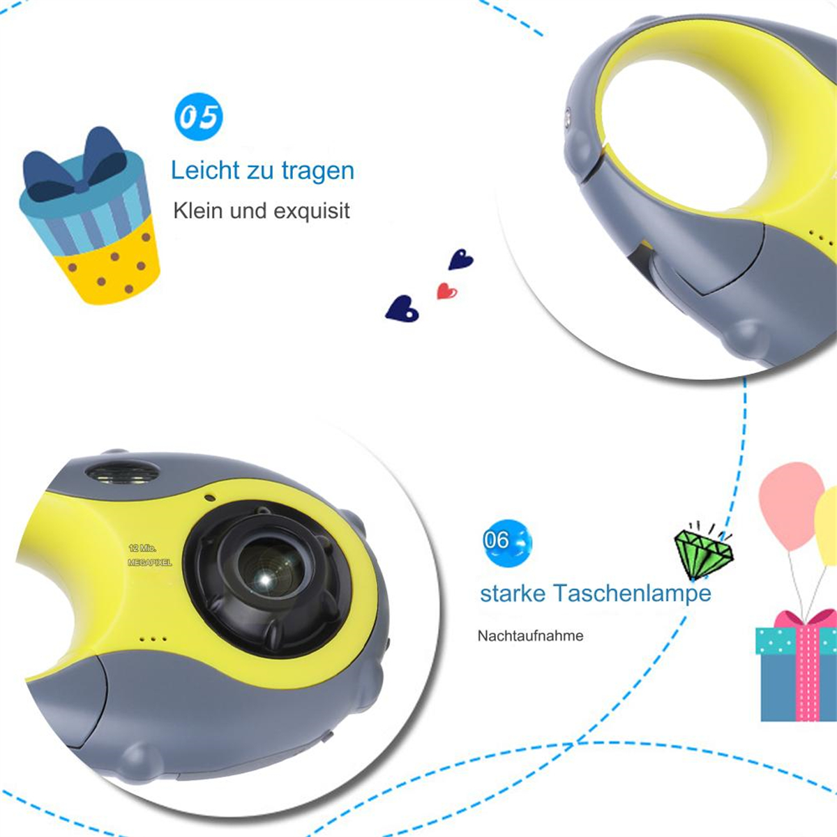 Eine kinderfreundliche Kamera mit gelb-grauem Design. Sie hat ein Objektiv, Knöpfe und einen kleinen Bildschirm.