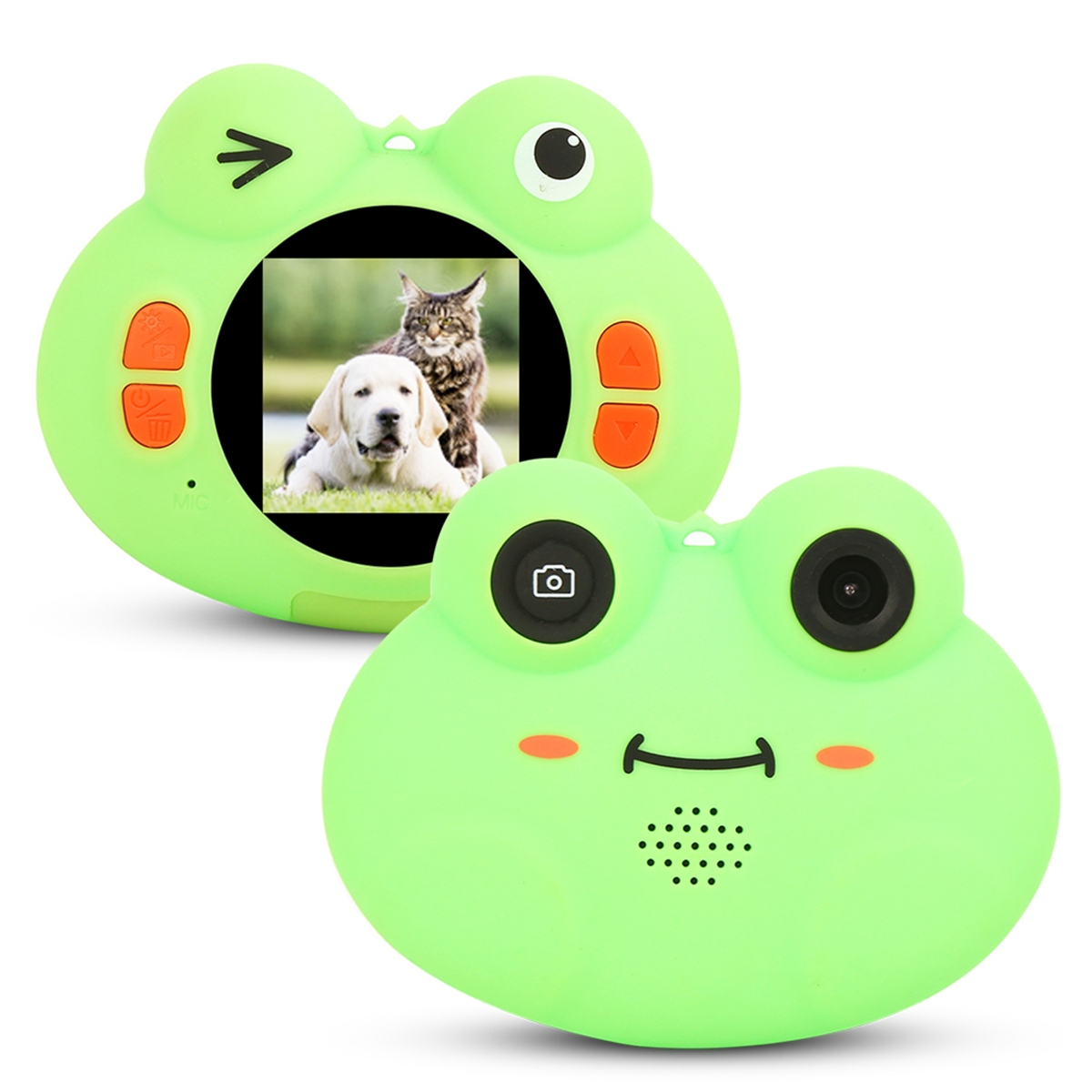 Eine grüne, froschförmige Kinderkamera mit einem angezeigten Foto eines Hundes und einer Katze.