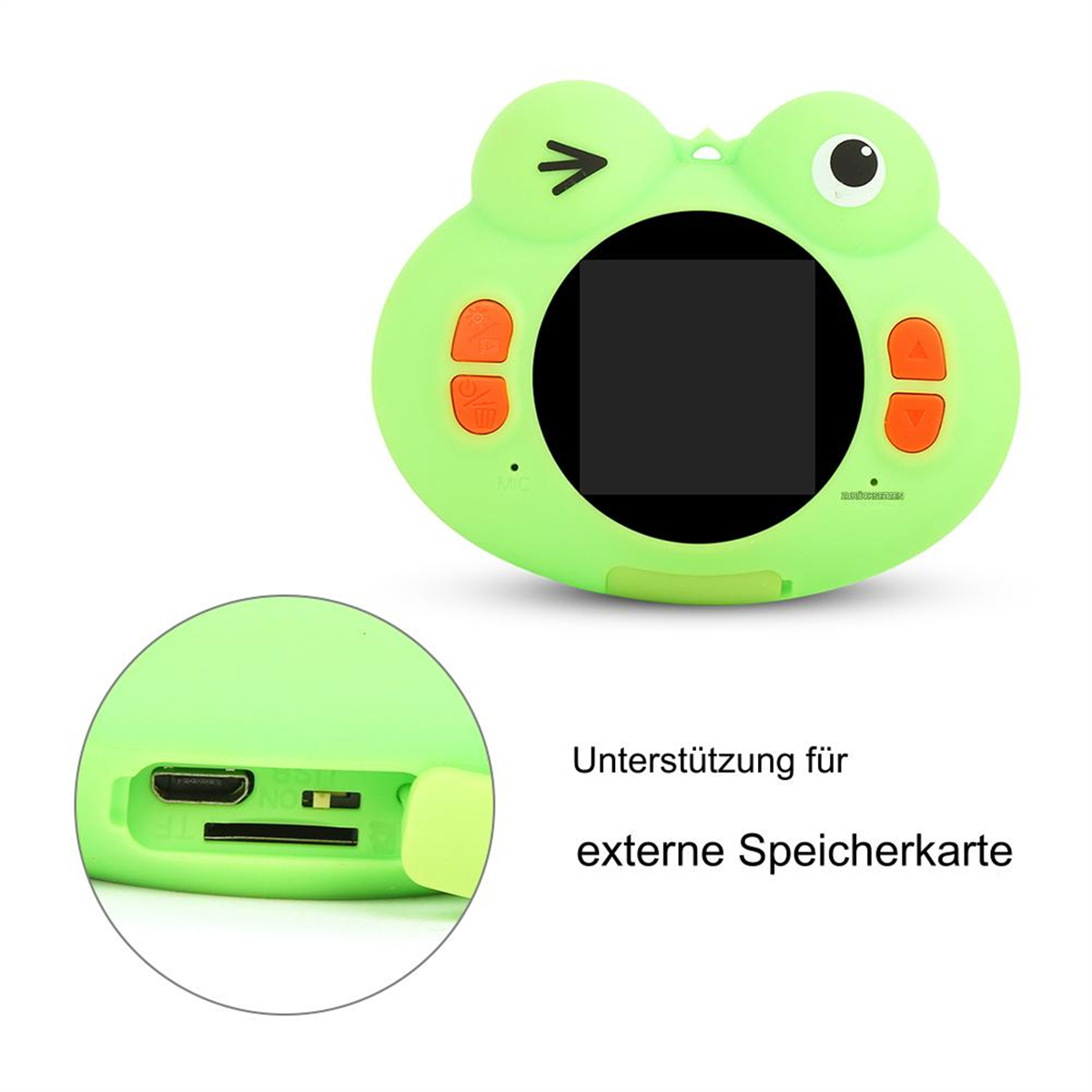 Grüne Kamera für Kinder in Froschform mit orangefarbenen Knöpfen und schwarzem Bildschirm.