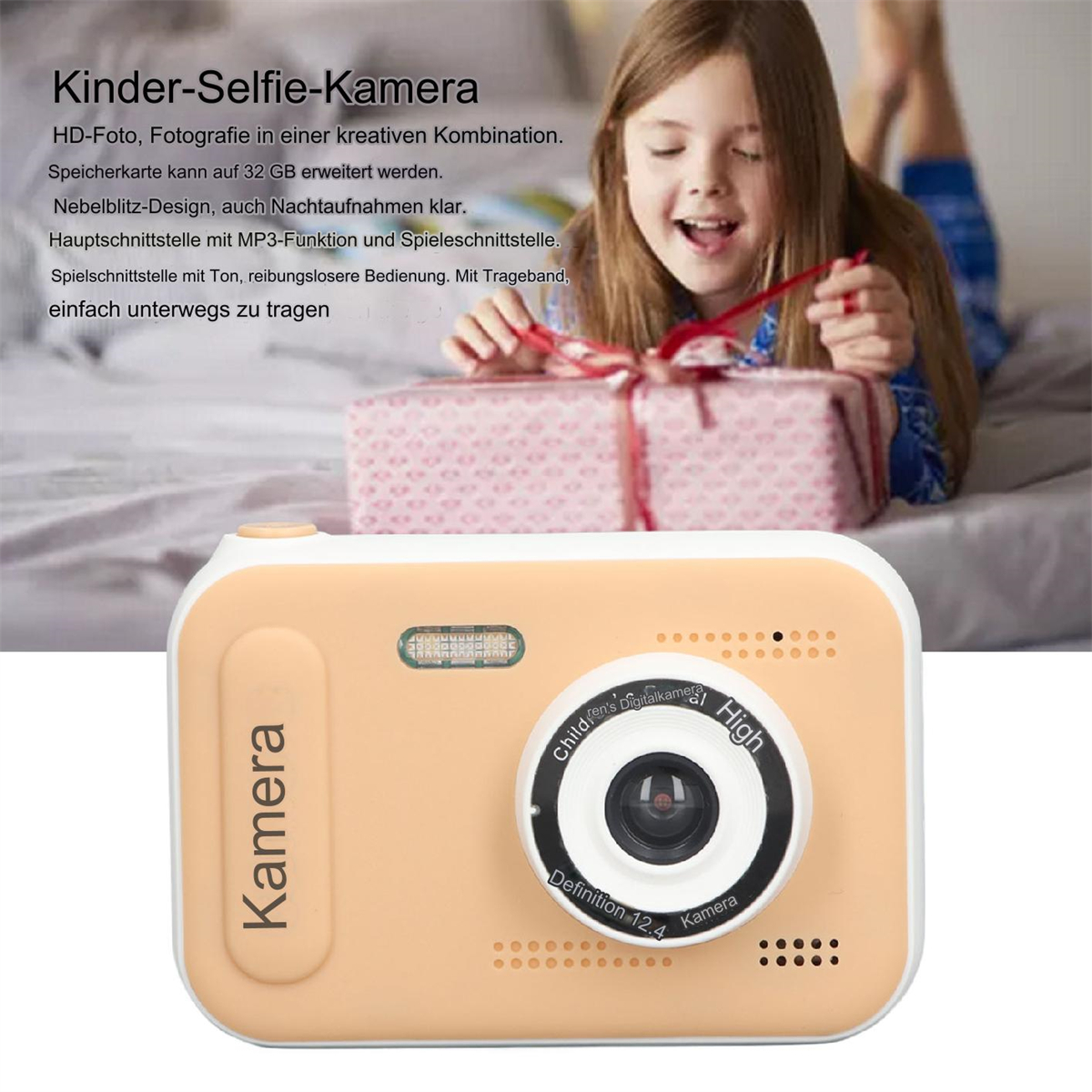 Kinderkamera mit orangefarbenem Gehäuse, Bildschirm und dem Wort 'Kamera'. Ein Mädchen im Hintergrund.