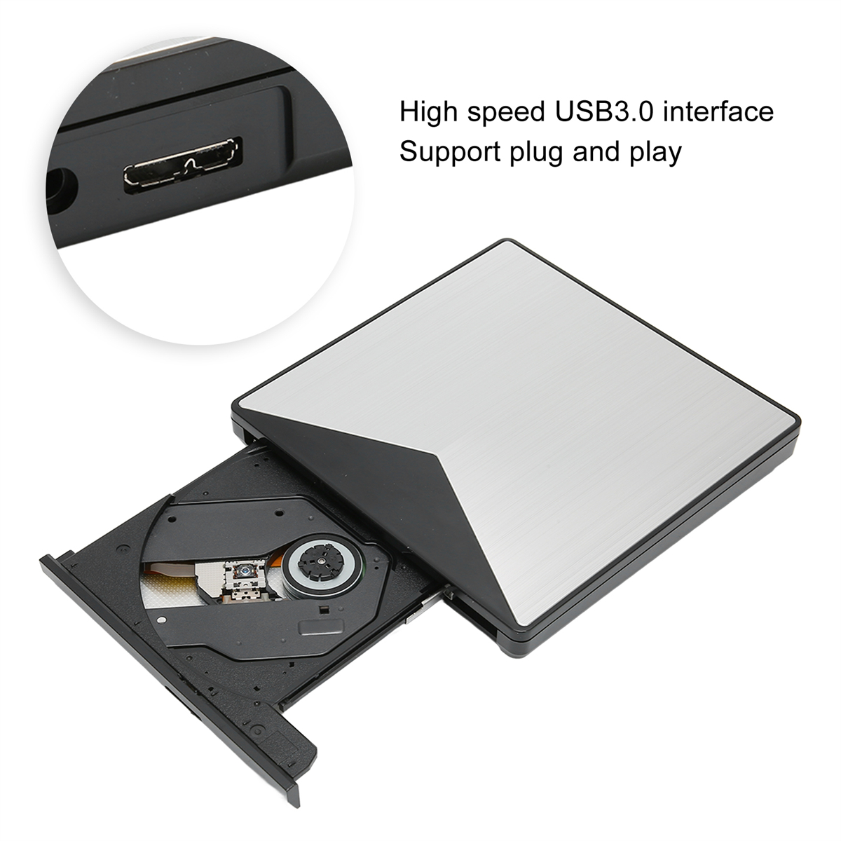 Ein externes CD/DVD-Laufwerk. Es ist geöffnet und zeigt die internen Komponenten. Inklusive USB 3.0-Schnittstelle.
