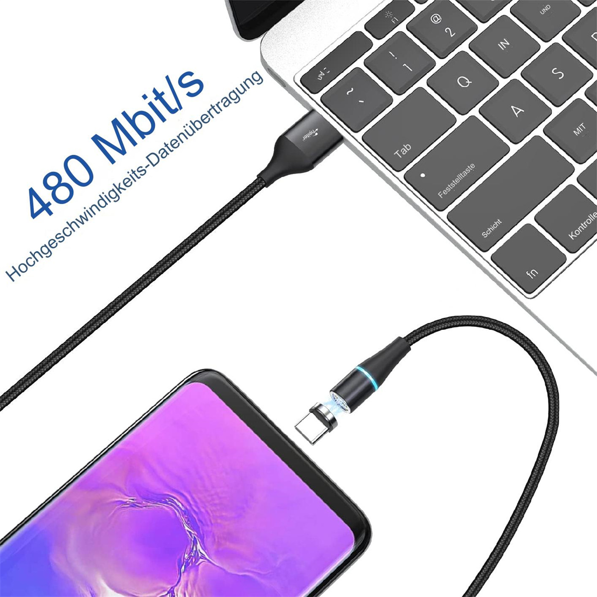 Telefon über ein magnetisches USB-Kabel mit einem Laptop verbunden.