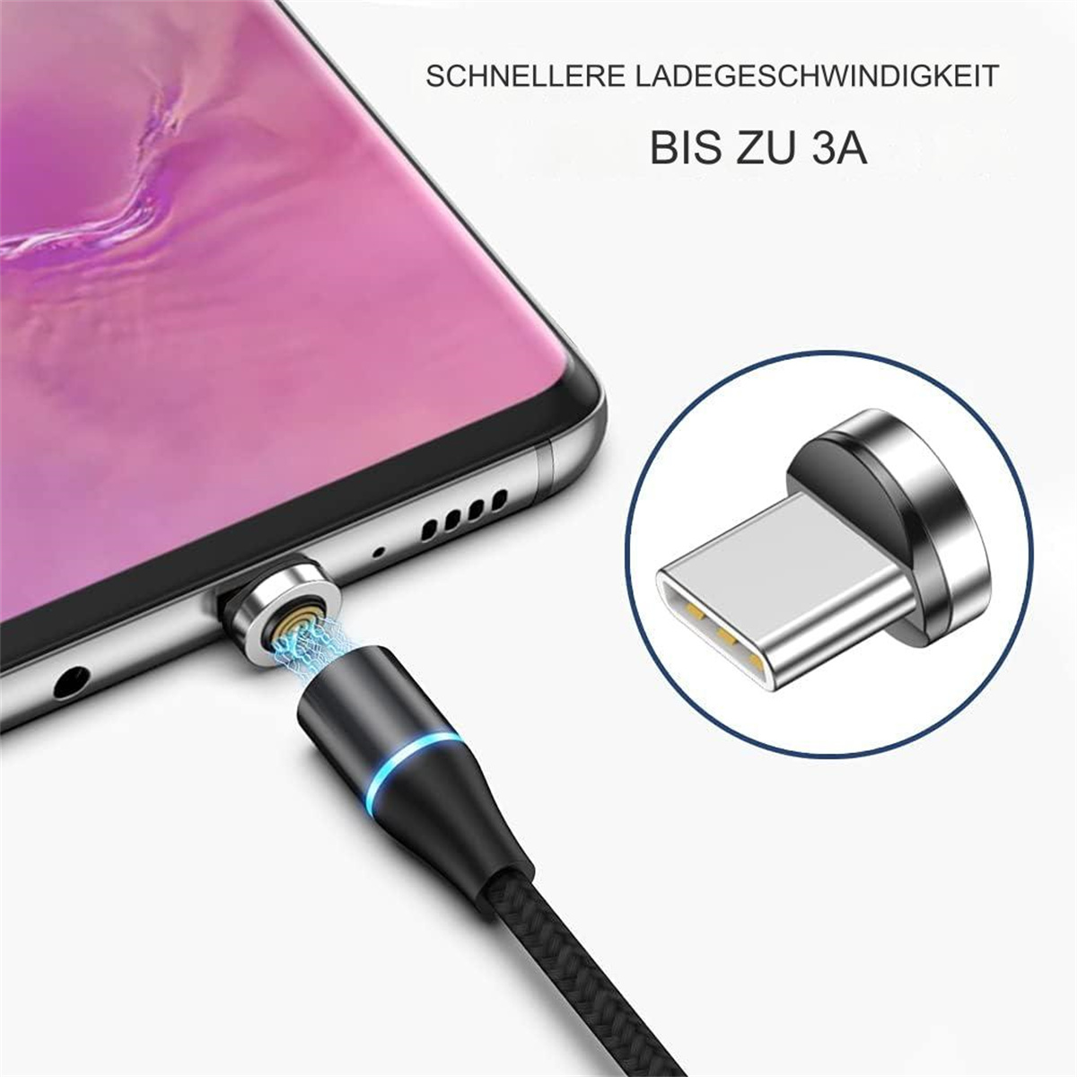 Telefon mit magnetischem Ladekabel mit blauem Licht verbunden.