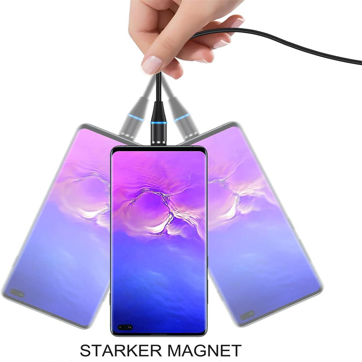 Telefon wird mit Magnetkabel geladen, drei Telefone und Text: 'Stärkerer Magnet'.