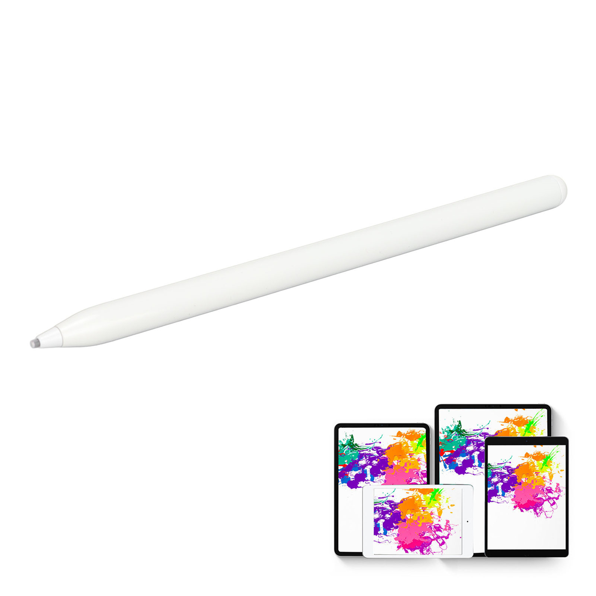 Weißer Stift mit grauer Spitze und drei Tablets, die farbenfrohe Kunstwerke zeigen.