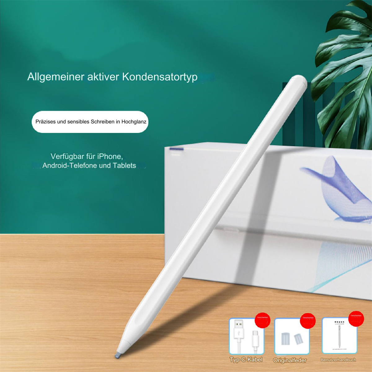 Ein weißer Stift, mit Symbolen für Aufladen und Zubehör, vor verschwommenem Hintergrund.