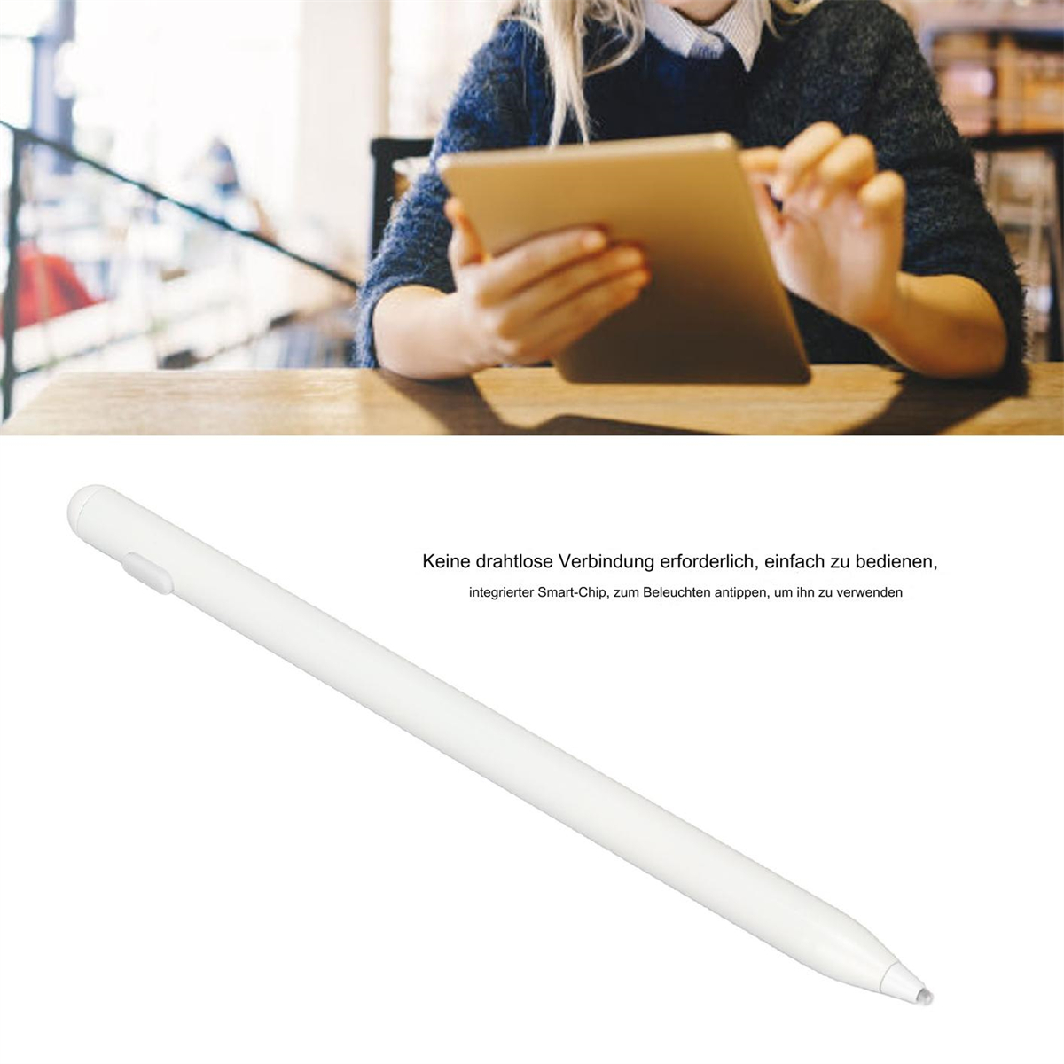 Eine Person benutzt ein Tablet und einen weißen Stift. Unter dem Stift steht deutscher Text.