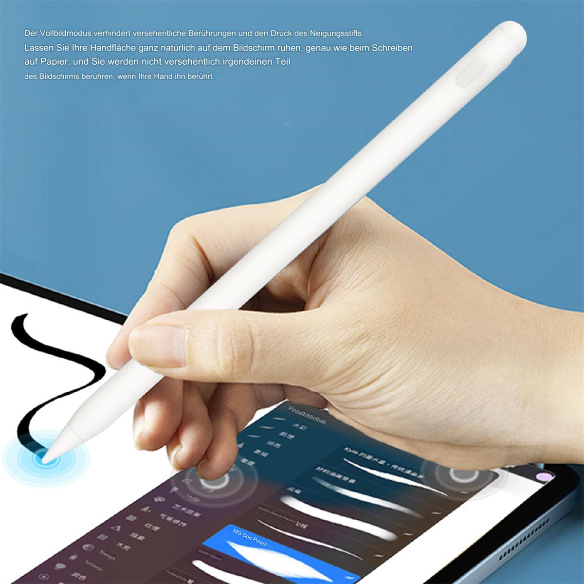 Person benutzt weißen Stift auf einem Tablet, Schnittstelle sichtbar.