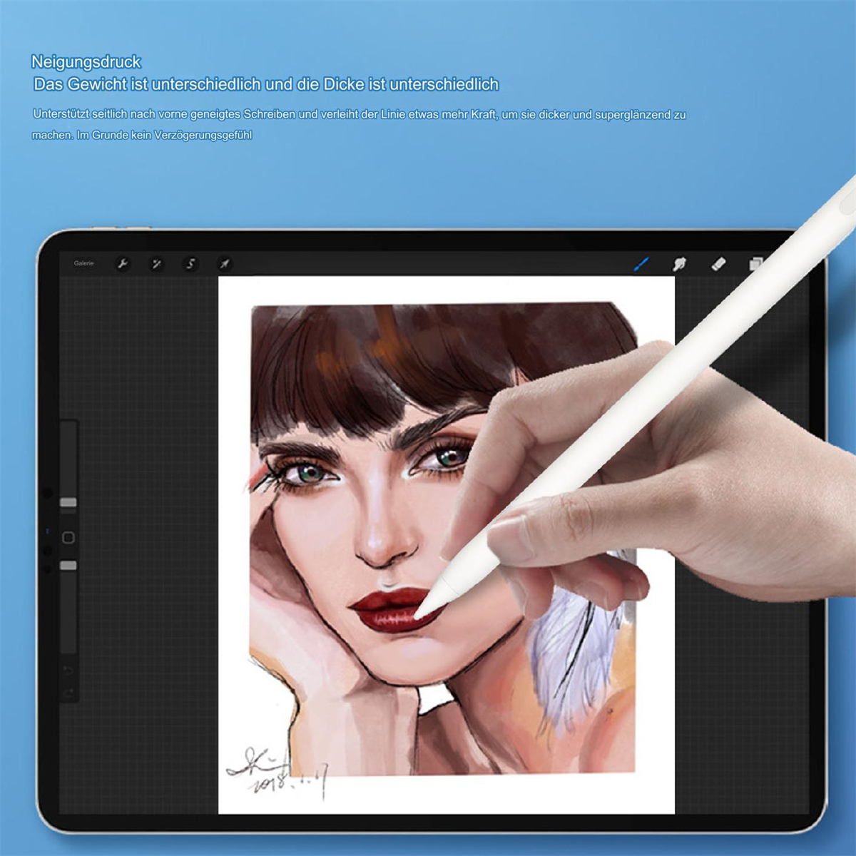 Tablet mit Zeichnung einer Frau, ein weißer Stift berührt den Bildschirm. Weißer Hintergrund.