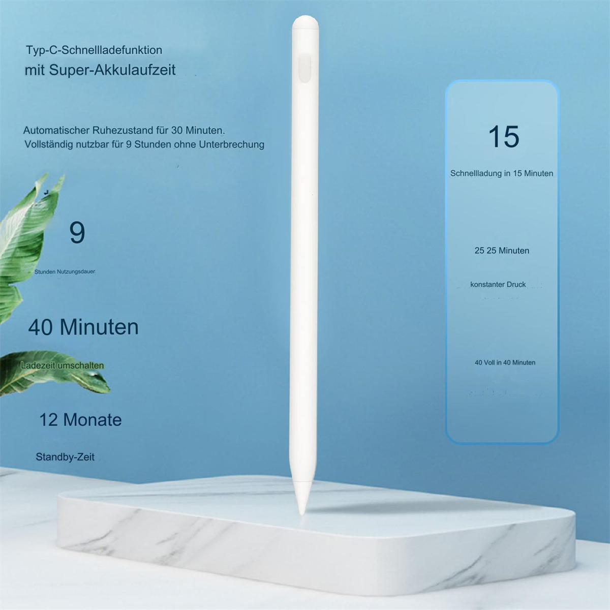 Ein weißer Stift mit Informationen zum Schnellladen und zur Akkulaufzeit auf einer weißen Plattform.