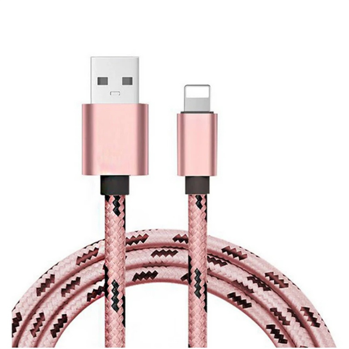 Ein pinkes und schwarzes USB-zu-Lightning-Kabel, mit weißem Hintergrund.