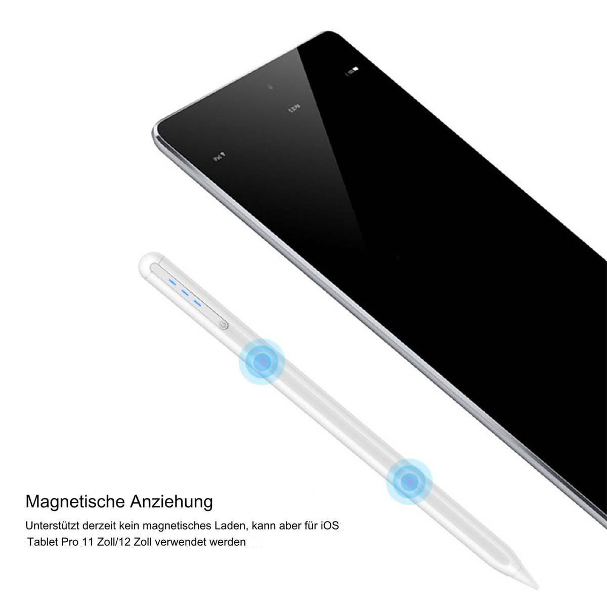 Weißer Stift in der Nähe eines Tablets. Stift hat blaue Kreise. Tablet ist schwarz.