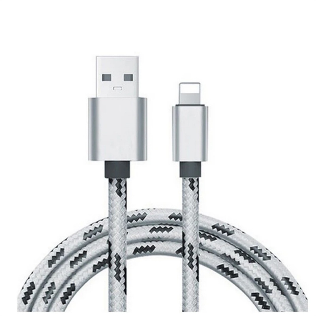 Ein weißes und silbernes USB-Kabel mit USB-Anschluss und Lightning-Anschluss.