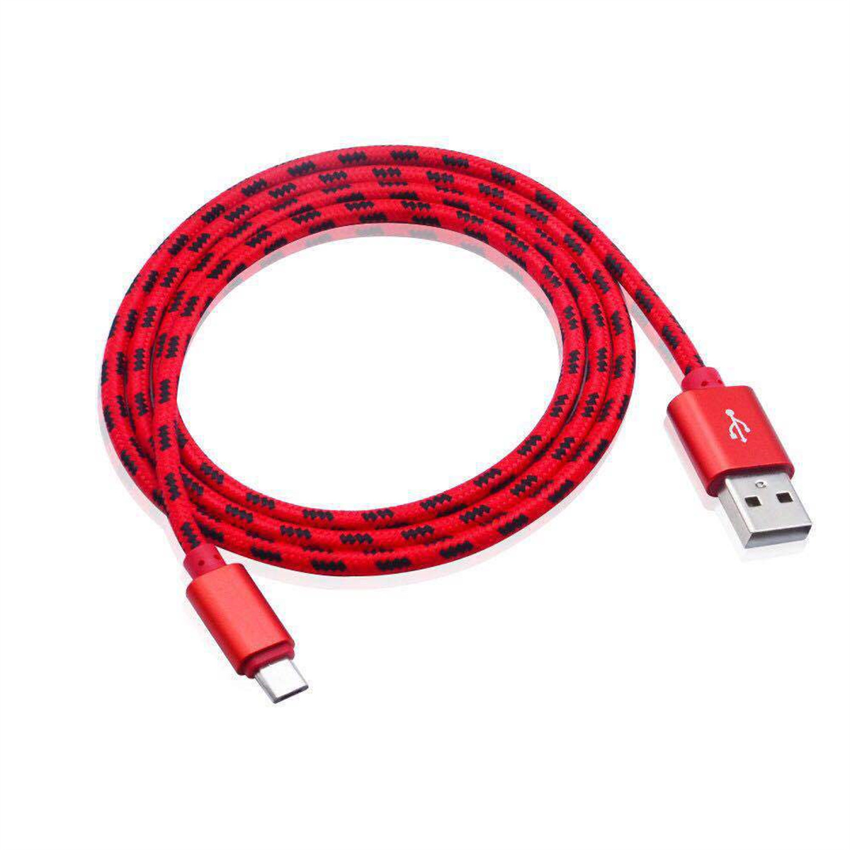 Rotes und schwarzes USB-Kabel mit USB-A- und USB-C-Anschlüssen.