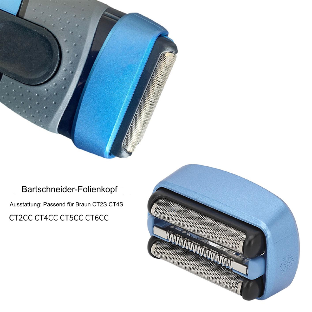 Nahaufnahme eines blau-grauen Rasiererkopfes. Zwei Folien-Schneideköpfe sind sichtbar.