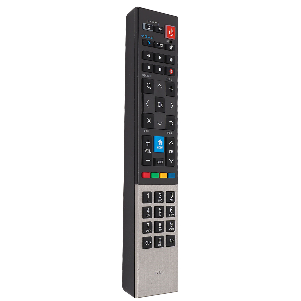 Eine lange, schwarze und silberne TV-Fernbedienung.
