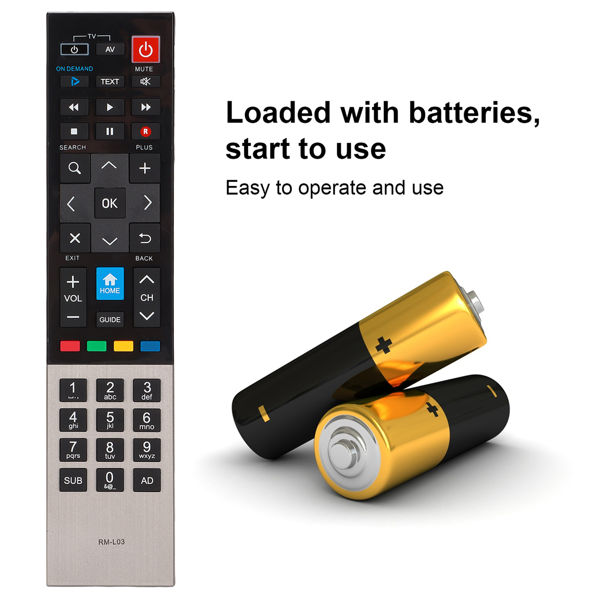 Eine TV-Fernbedienung mit vielen Knöpfen. Zwei goldene Batterien daneben, betont die Nutzung.