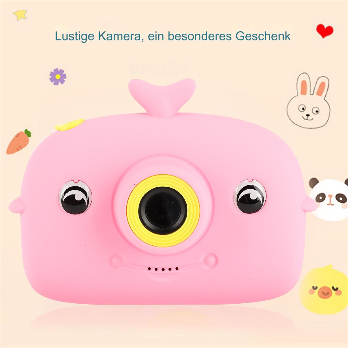 Eine rosa walförmige Kinderkamera mit gelber Linse.