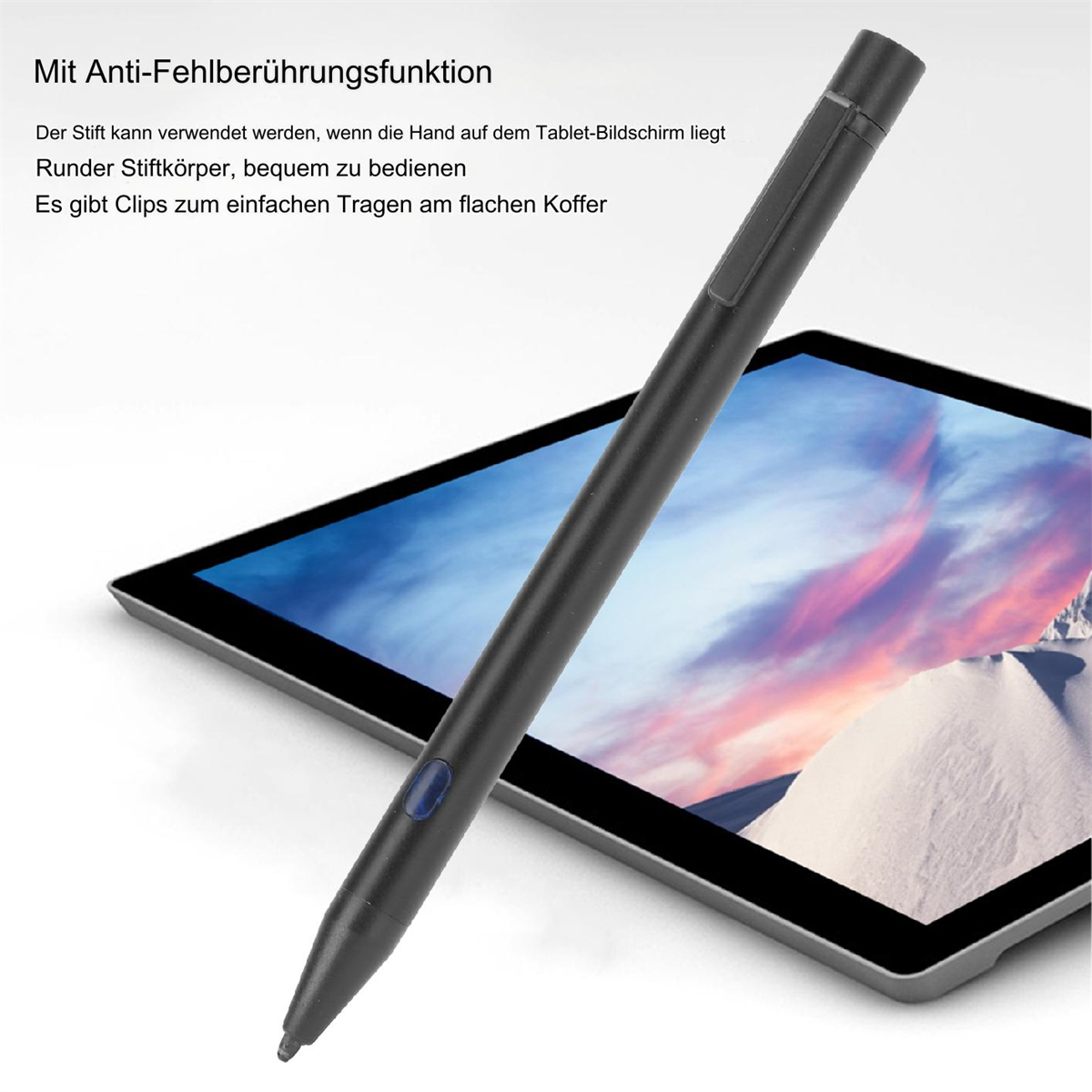 Schwarzer Stift auf einem Tablet. Der Stift hat einen blauen Knopf und Text auf Deutsch.