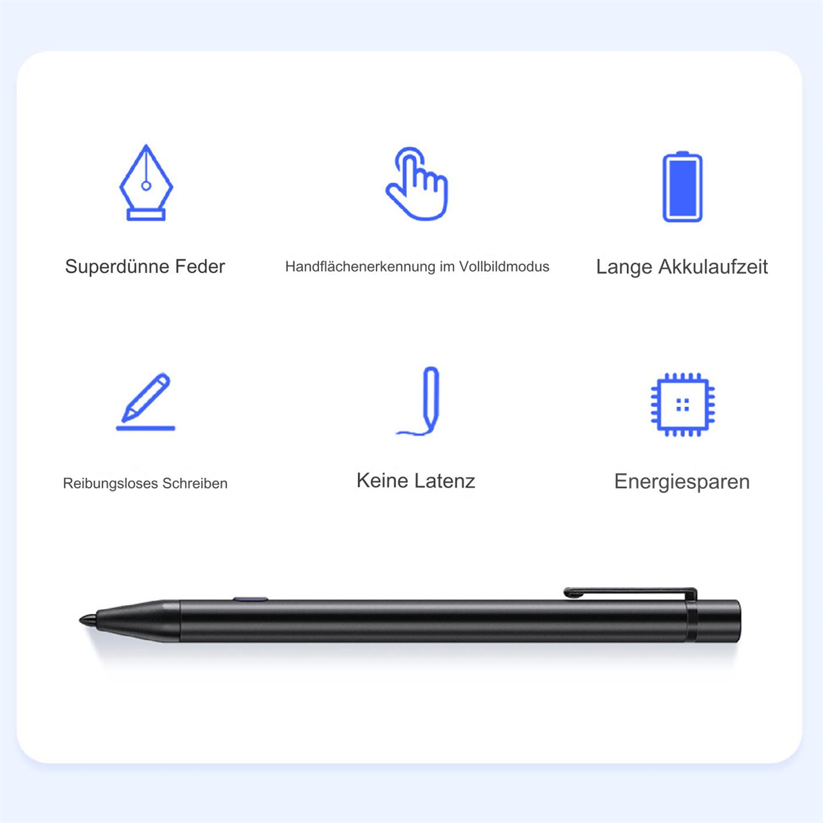 Ein schwarzer Stift mit Symbolen: dünne Spitze, Handgeste, Batterie, glattes Schreiben, keine Latenz, Energiesparen.
