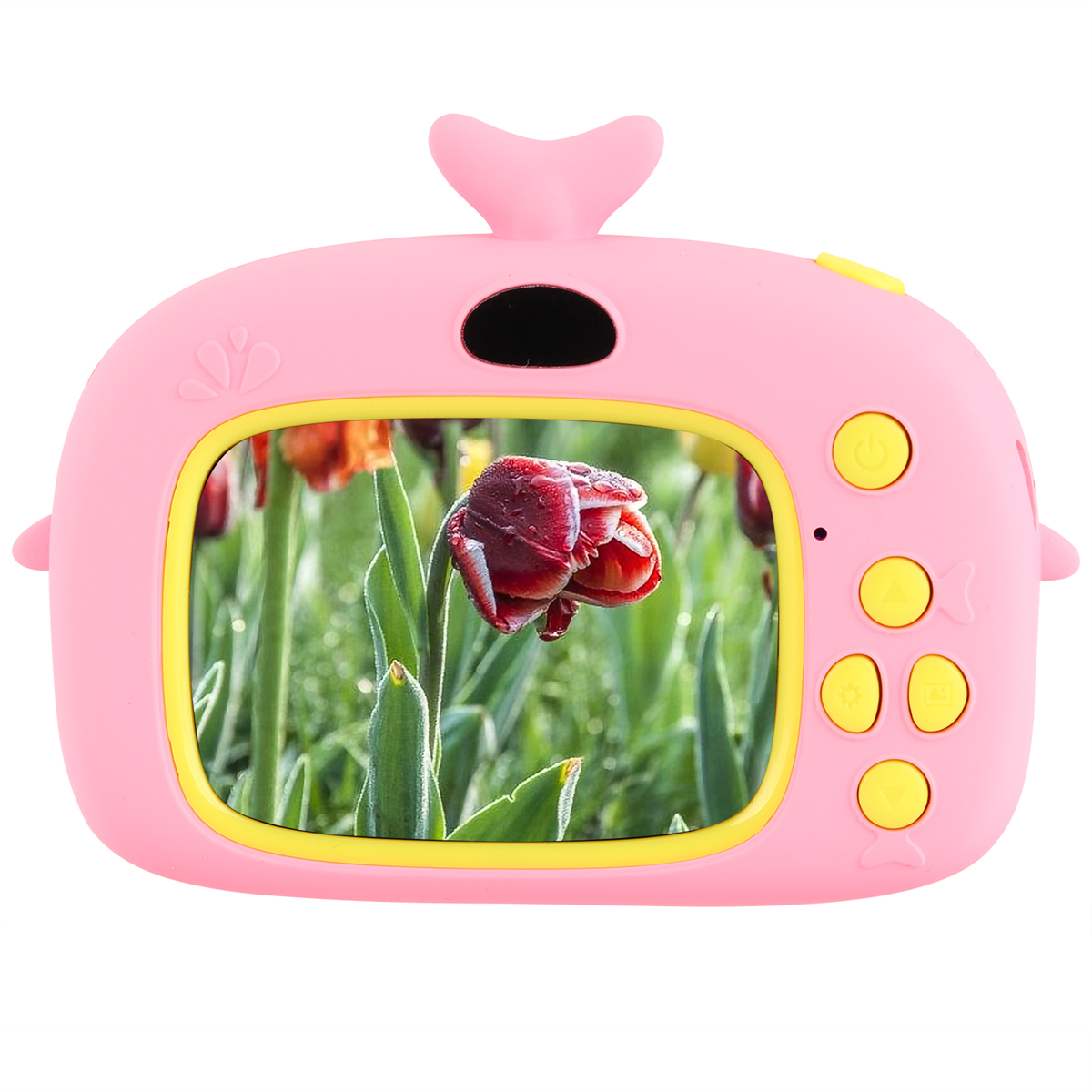 Rosa Spielzeugkamera mit Bildschirm, der eine rote Blume auf einem grünen Feld zeigt.