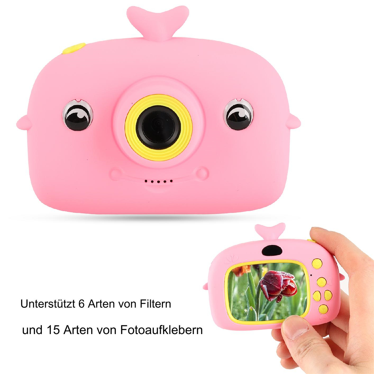 Eine rosa walförmige Spielzeugkamera mit einem Bildschirm, der ein Blumenbild zeigt.