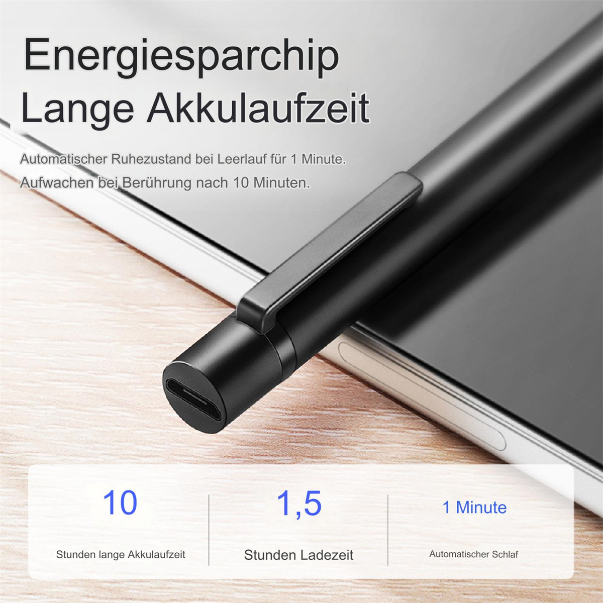 Schwarzer Stylus-Stift mit Text: Energysparchip Lange Akkulaufzeit, mit Ladeinfo.