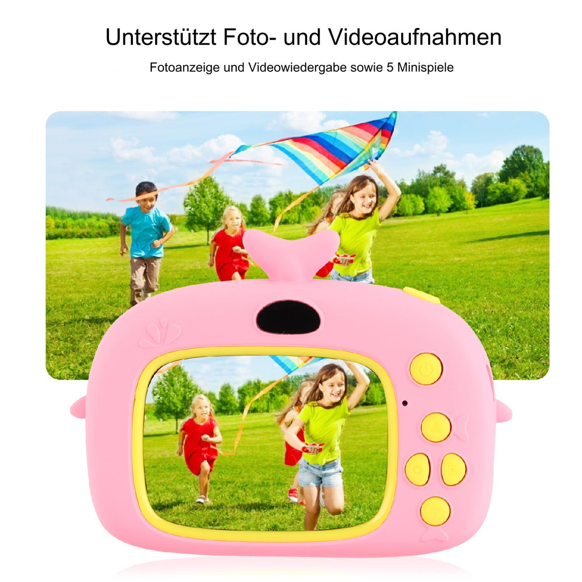 Ein rosa Spielzeugkamera zeigt spielende Kinder mit einem Drachen. Hintergrund ist eine Parkszene.