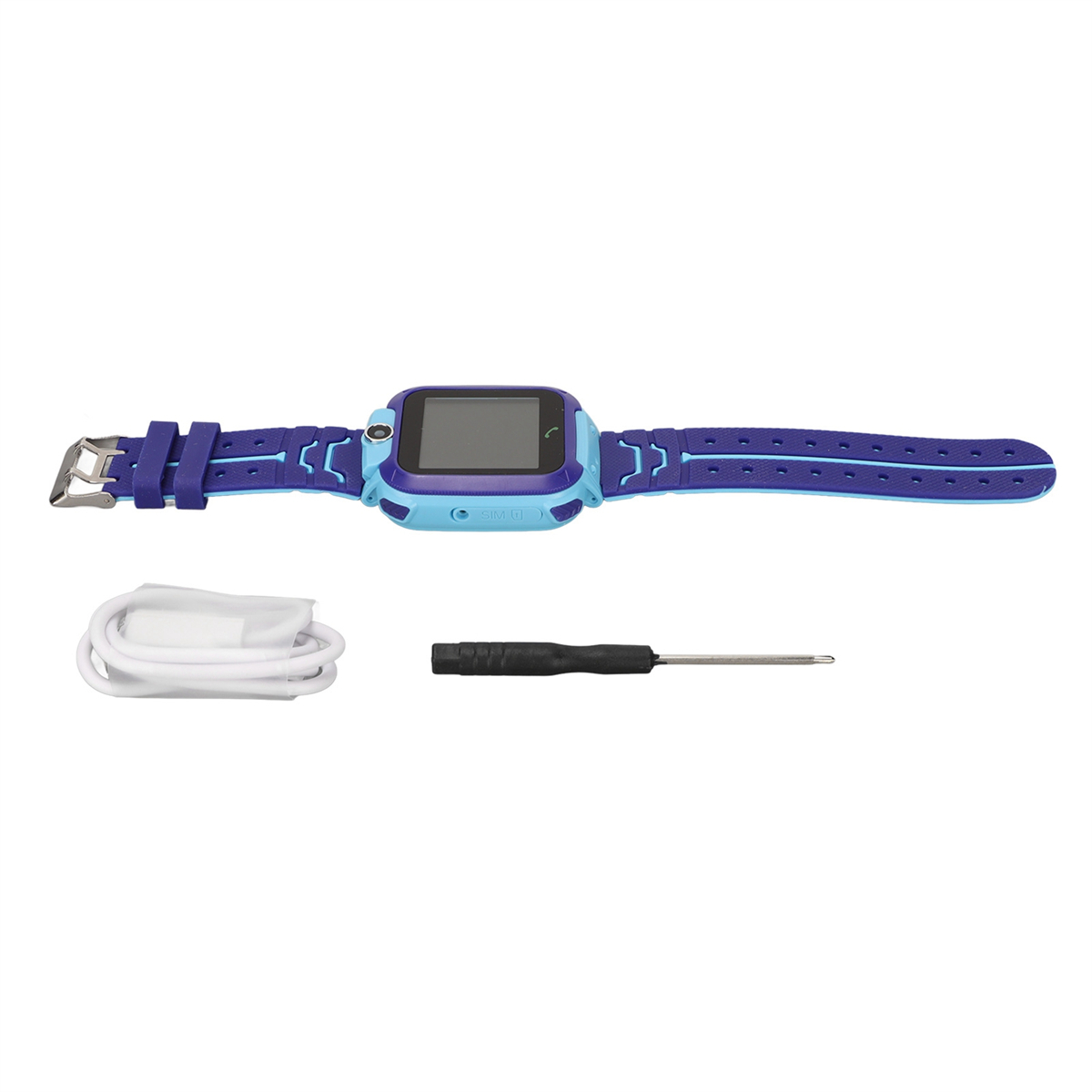Eine Smartwatch mit blau-lila Armband und Zubehör auf weißer Oberfläche.