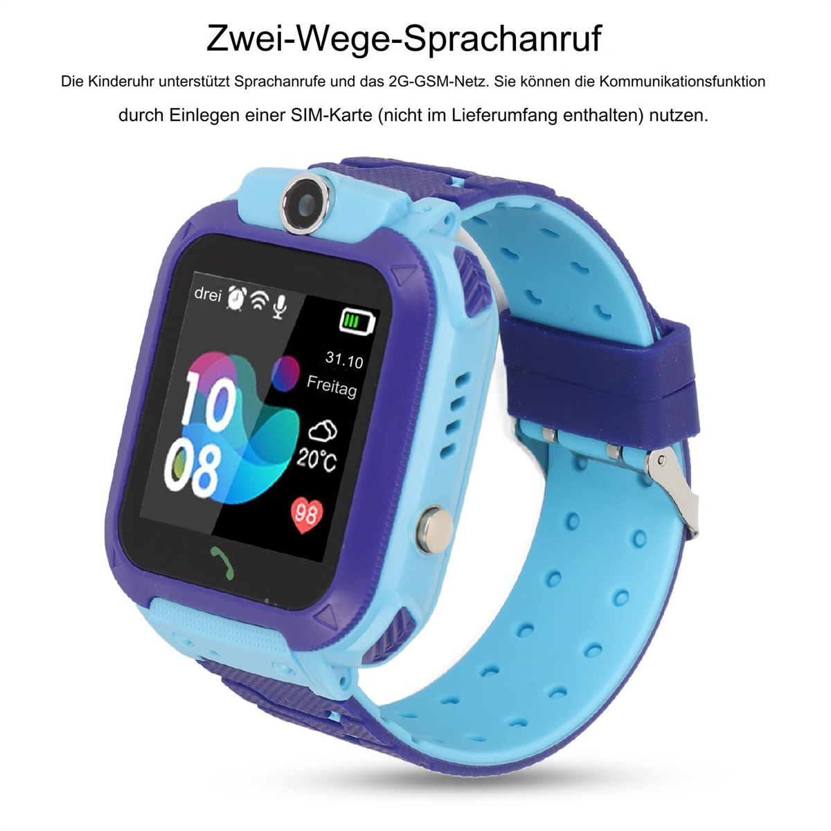 Eine blau und hellblaue Kinder-Smartwatch, die Zeit und Datum anzeigt.