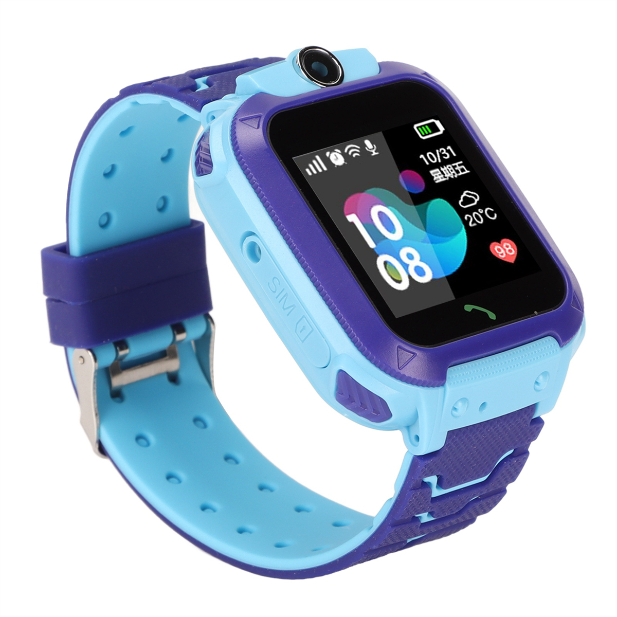 Smartwatch mit blau-violettem Armband. Das Display zeigt Uhrzeit und Datum.