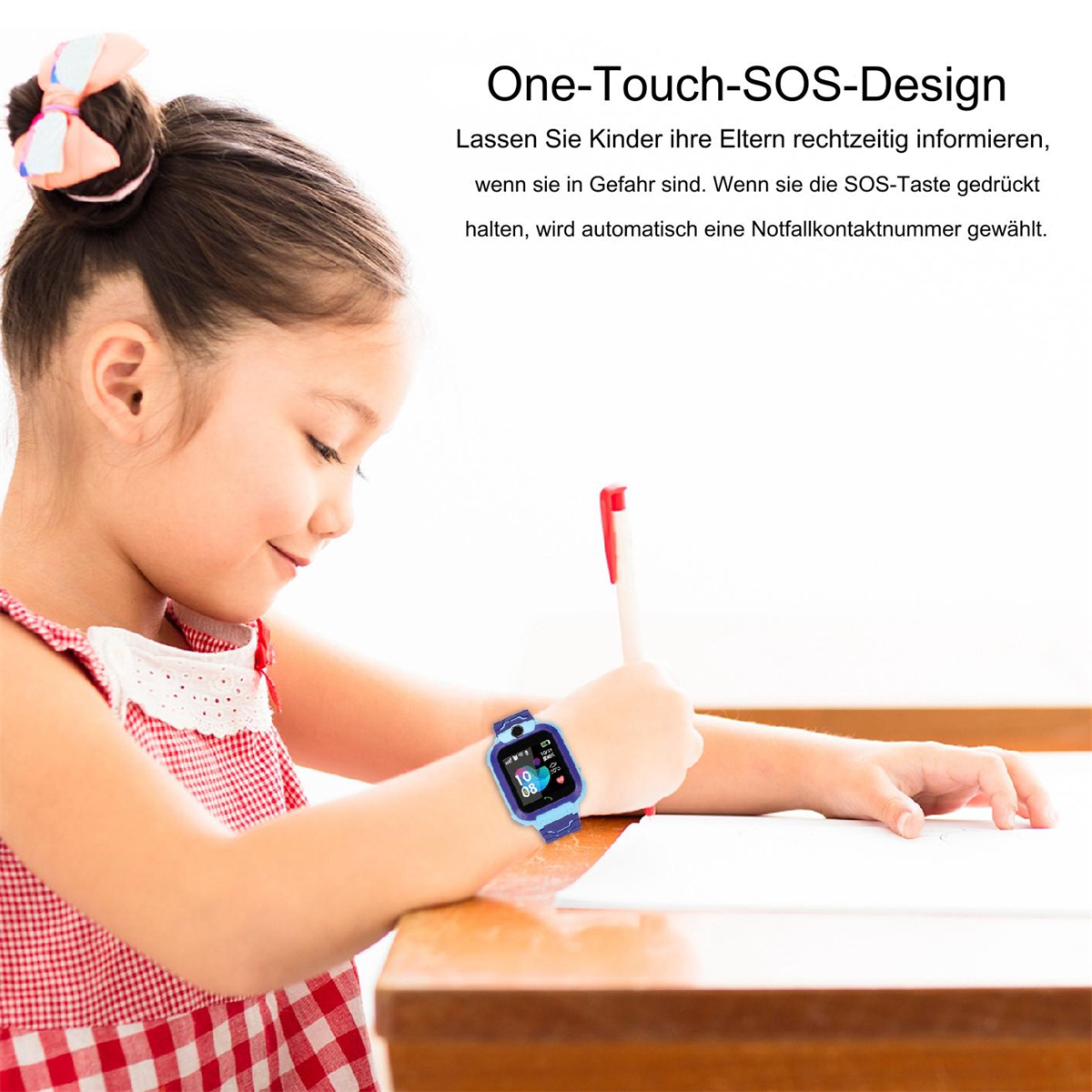 Mädchen schreibt. Blaue Uhr. Text: One-Touch-SOS-Design. Kind benutzt Smartwatch.