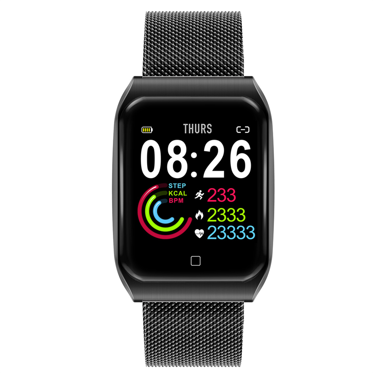 Schwarze Smartwatch mit Zeitanzeige, Schritten und Herzfrequenzmonitor auf dem Bildschirm.