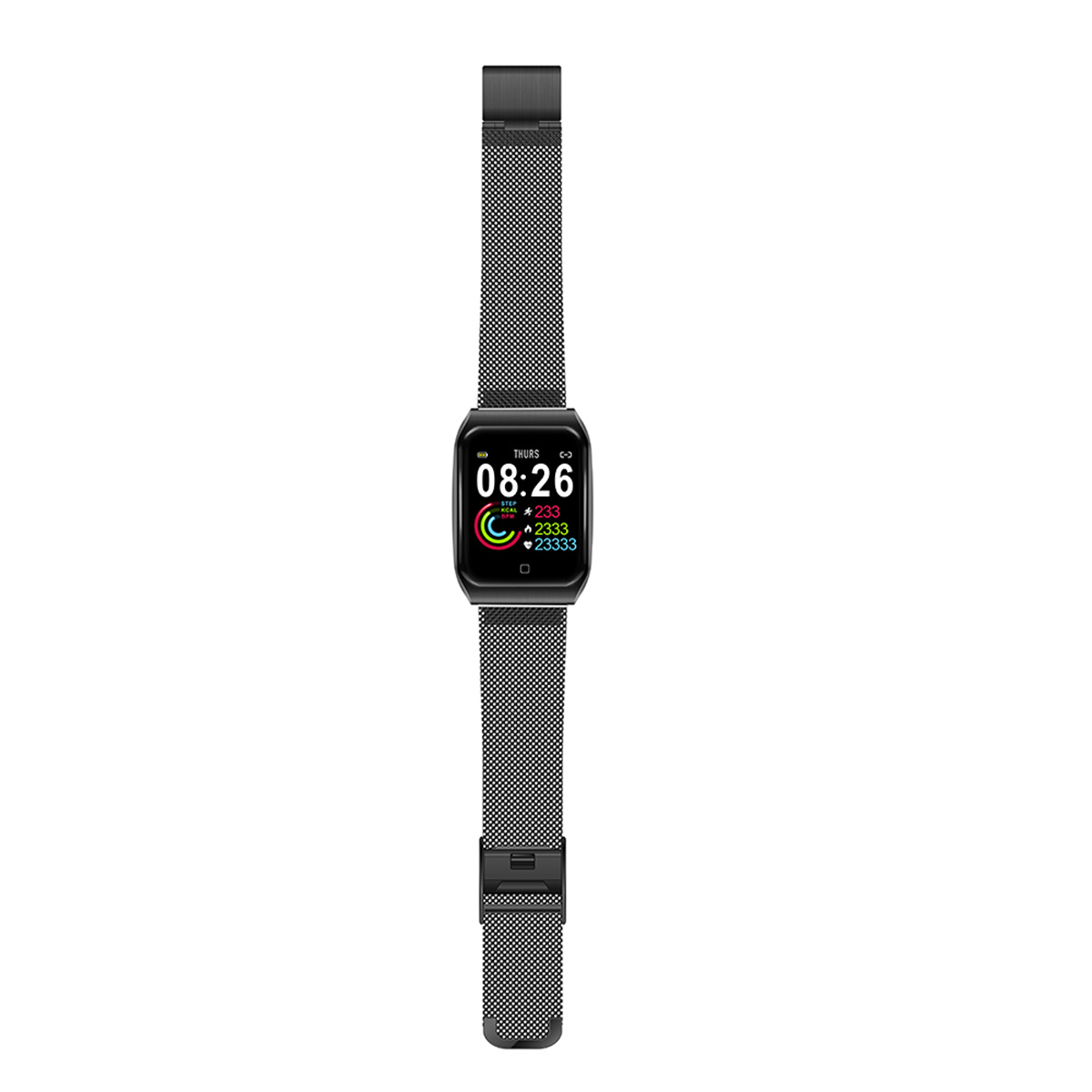 Schwarze Smartwatch mit silbernem Mesh-Armband, das Zeit- und Gesundheitsdaten anzeigt.