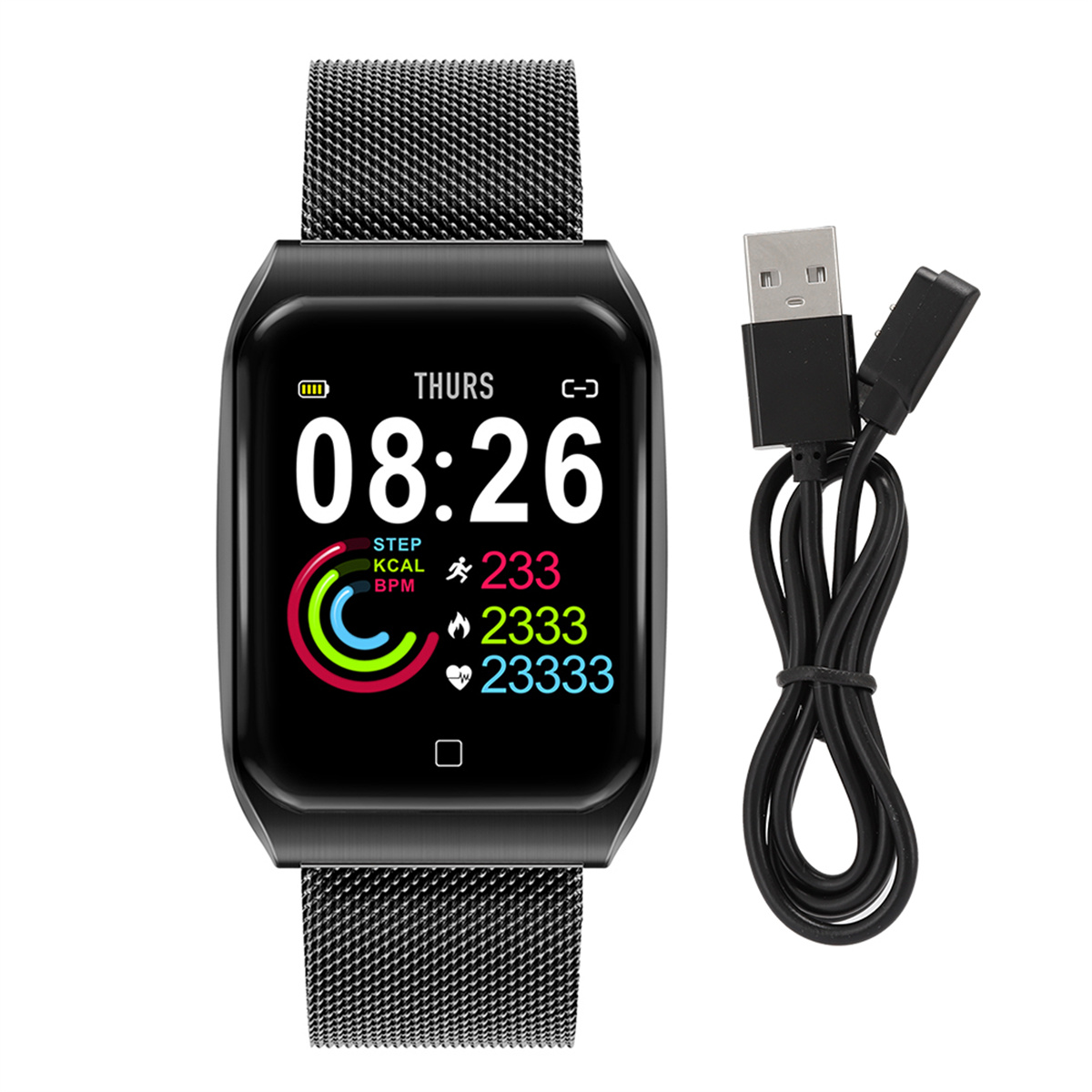 Schwarze Smartwatch mit schwarzem Mesh-Armband und Ladekabel. Der Bildschirm zeigt Zeit und Gesundheitsmetriken.