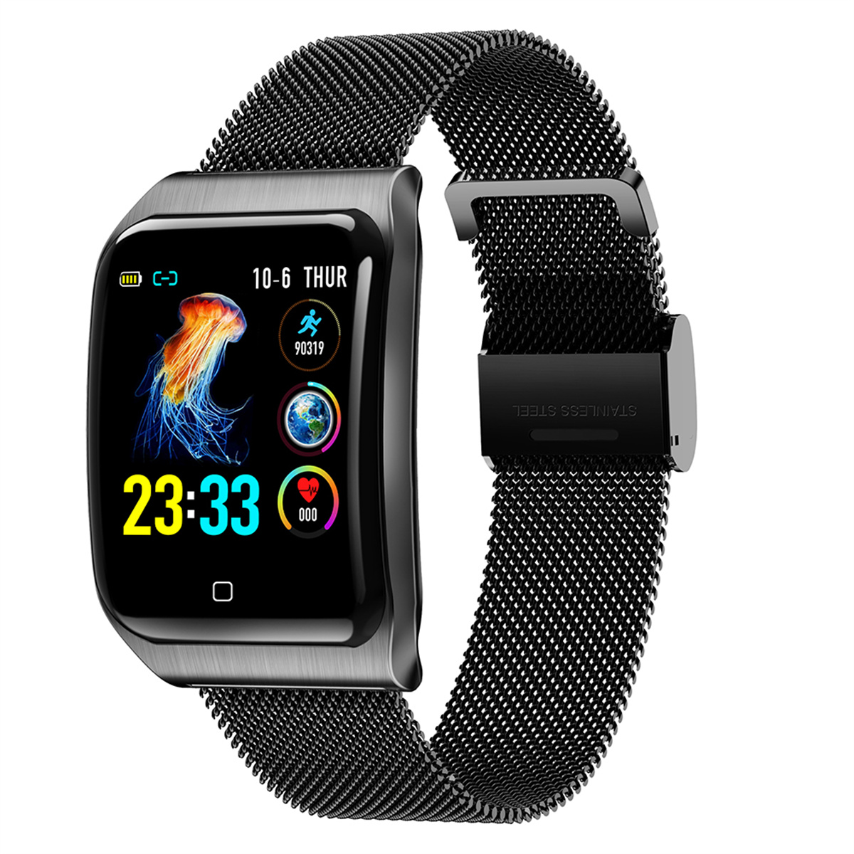 Eine schwarze Smartwatch mit schwarzem Mesh-Armband, zeigt Zeit, Datum und Quallenbild auf Weiß.