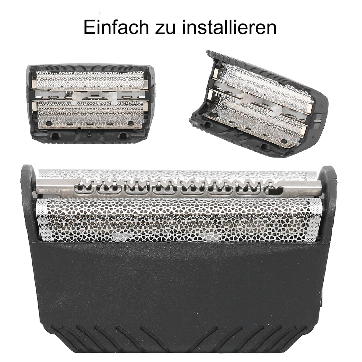 Drei Nahaufnahmen eines schwarzen Rasierkopfes, mit Text