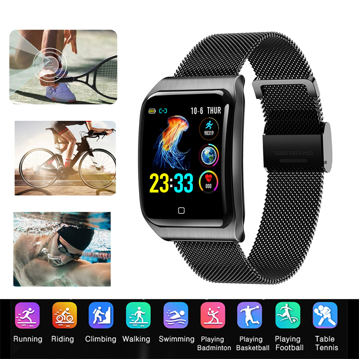 Smartwatch mit Zeitanzeige, Sport-Icons und einer Person, die im Hintergrund Tennis spielt.