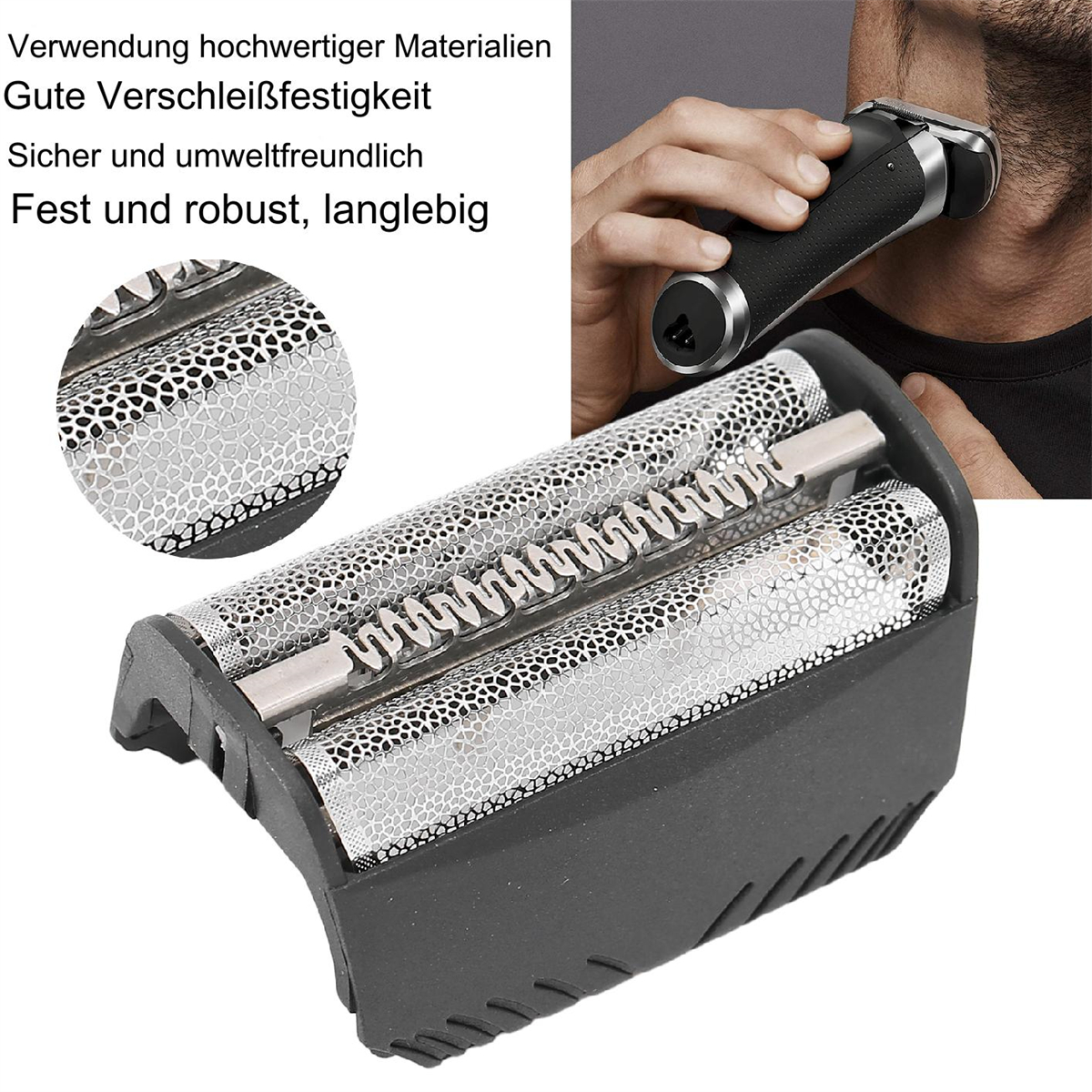Nahaufnahme eines Rasiererkopfes mit Klingen und eines Ersatzkopfes für einen Barttrimmer.