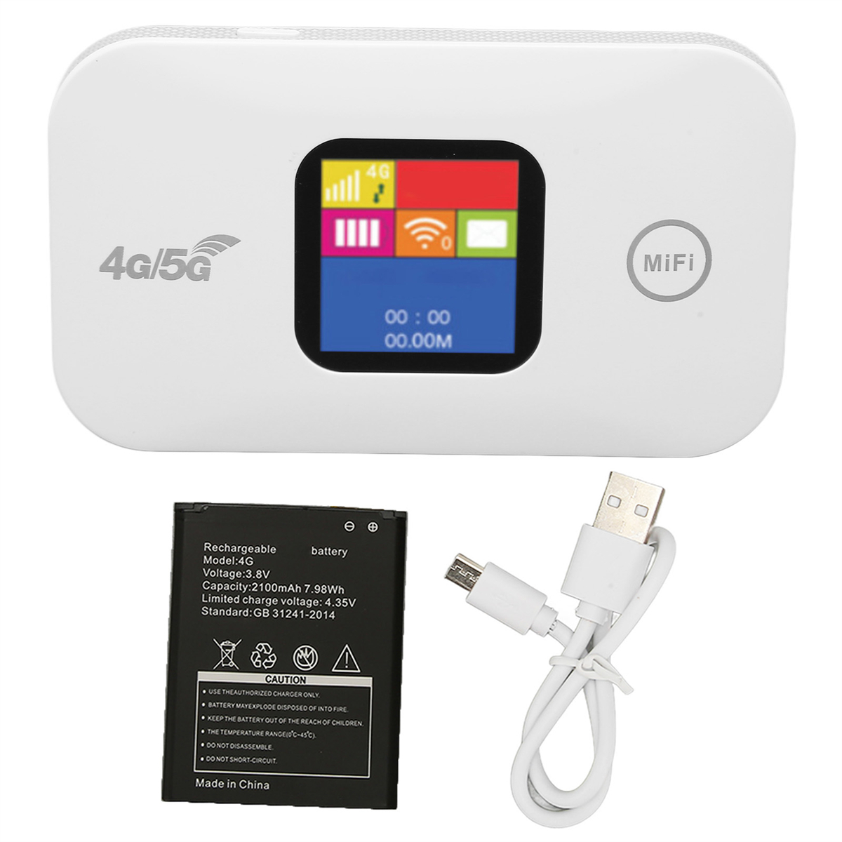 Ein weißes 4G/5G MiFi-Gerät mit einem Bildschirm, der Signalbalken, Akku und ein USB-Ladekabel anzeigt.