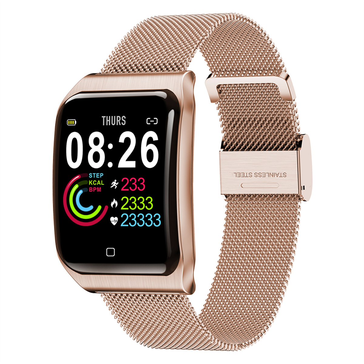 Roségoldene Smartwatch mit Mesh-Armband. Zeigt Zeit, Schritte und Herzfrequenz an.
