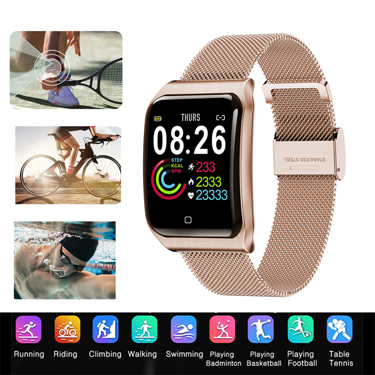 Eine roségoldene Smartwatch zeigt Aktivitätsdaten mit Symbolen für Laufen, Reiten, Klettern, Schwimmen und mehr.