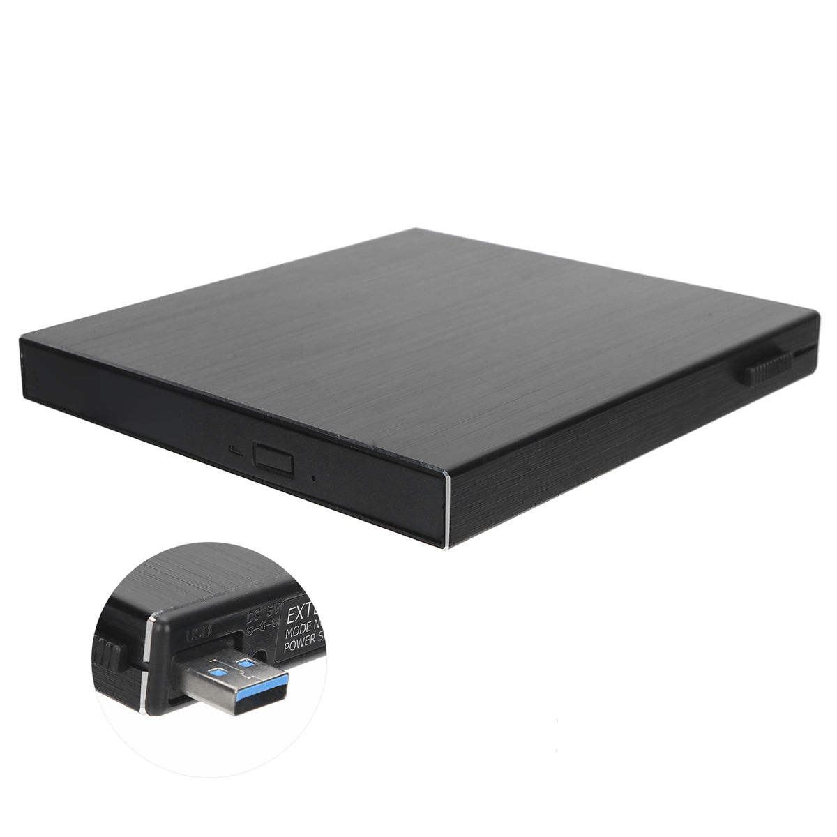 Schwarzes externes DVD-Laufwerk mit USB-Anschluss und Betriebsanzeigen.