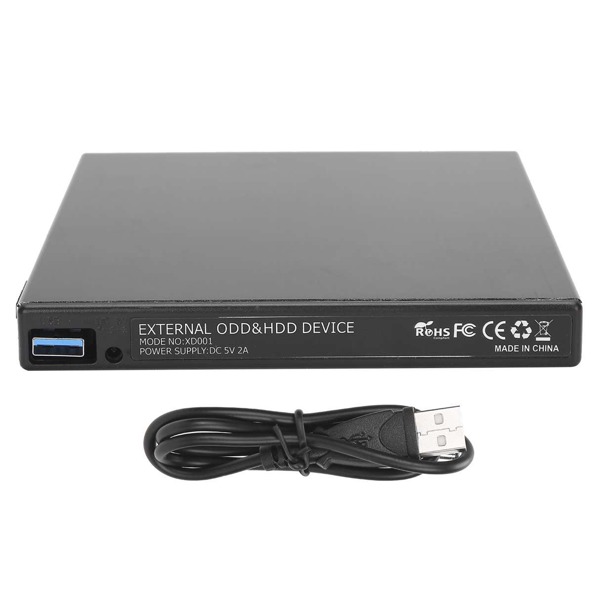 Ein externes ODD&HDD-Gerät mit einem USB-Kabel. Text auf dem Gerät.
